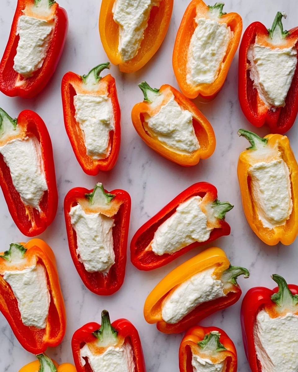 The image shows many small red, orange, and yellow pepper halves filled with white cheese. The peppers are placed on a white marbled surface. The cheese filling looks smooth and creamy, filling each pepper half evenly. The peppers are arranged closely but spread out in rows, showing their bright colors and soft cheese inside. photo taken with an iphone --ar 4:5 --v 7