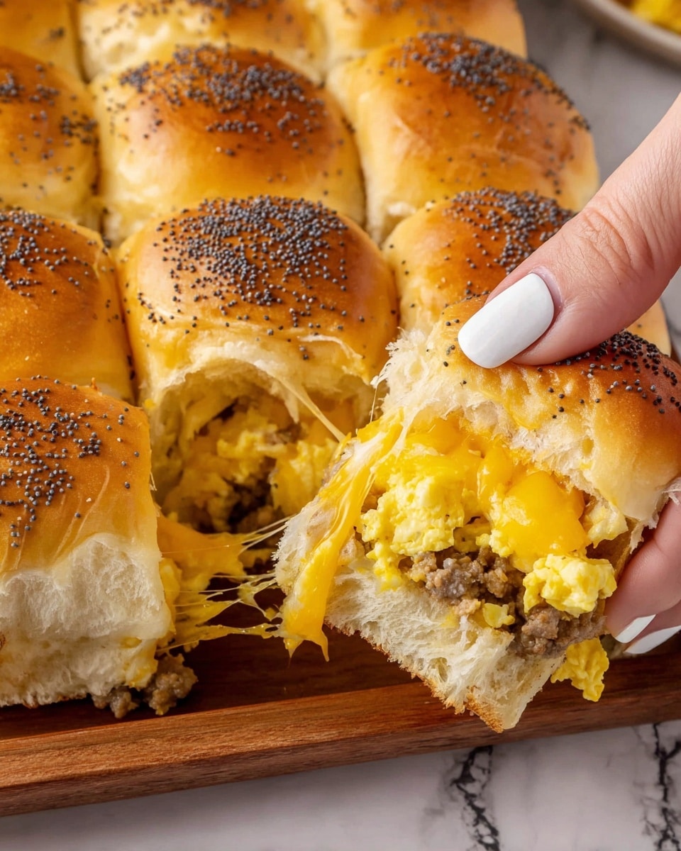 A cluster of soft, golden-brown slider buns sprinkled with black poppy seeds sits closely together on a wooden board with a white marbled background. One slider is being pulled by a woman's hand with white nail polish, showing three layers inside: the top layer is a shiny, golden bun, underneath is a mix of melted yellow cheddar cheese stretching out in gooey strings, and the bottom layer contains scrambled yellow eggs mixed with browned sausage bits. The sliders look warm and fresh, with the soft texture of the buns contrasting against the melty cheese and hearty filling photo taken with an iphone --ar 4:5 --v 7