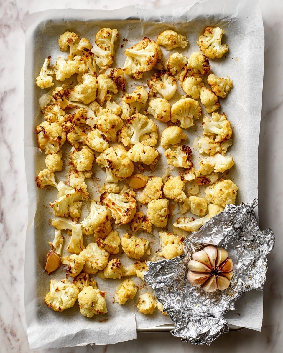 This image shows one large white baking tray lined with white parchment paper, filled with many pieces of golden roasted cauliflower scattered across the surface. Each cauliflower piece varies in size and shape, with some edges browned slightly from roasting. At the bottom right corner of the tray, there is a bulb of roasted garlic with its cloves exposed, sitting on crumpled silver foil. The tray is placed on a white marbled surface. photo taken with an iphone --ar 4:5 --v 7