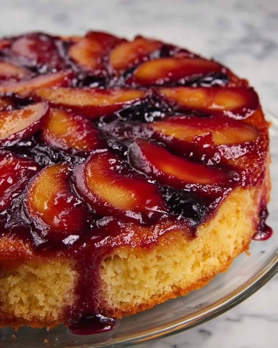 A round fruit tart with a golden brown crust is shown on a white plate. The tart is topped with thin, overlapping slices of red and orange plums arranged in a circular pattern from the outer edge to the center. One slice of the tart is slightly lifted by a woman's hand holding a metal spatula, revealing the juicy, smooth fruit filling beneath the shiny, caramelized plum layers. The whole setting is on a white marbled surface with a second empty dark grey plate to the right side of the main dish. photo taken with an iphone --ar 4:5 --v 7