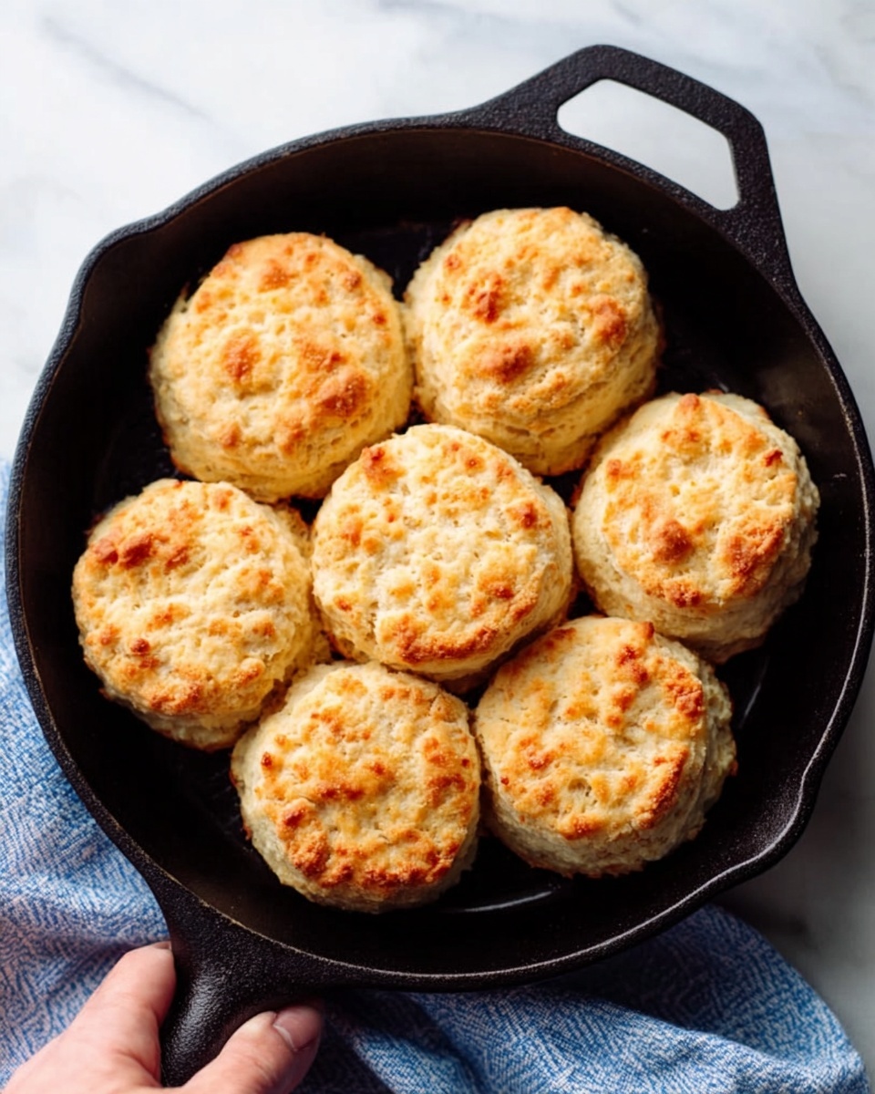 The image shows a black cast iron skillet holding seven golden-brown biscuits. The biscuits have a rough and slightly crumbly texture with small cracks on their tops. They are arranged in a circular pattern, nearly touching each other inside the skillet. The skillet is placed on a white marbled surface with a blue and white cloth partially visible on the side. A woman's hand holds the skillet handle, which is also black. The lighting is soft and natural, highlighting the warm color of the biscuits. photo taken with an iphone --ar 4:5 --v 7