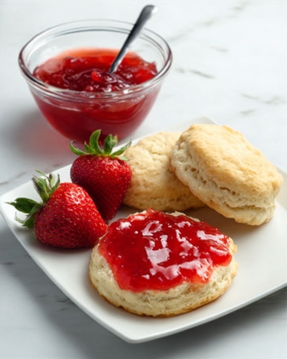 A white square plate on a white marbled surface holds three bright red strawberries on the left side. To their right, there are two light golden biscuits, one is whole while the other is split open. The open biscuit is spread with a shiny, red strawberry jam layer that looks smooth and slightly translucent. Behind the plate, there is a small clear glass bowl filled with the same red jam, with a metal spoon standing inside it. photo taken with an iphone --ar 4:5 --v 7