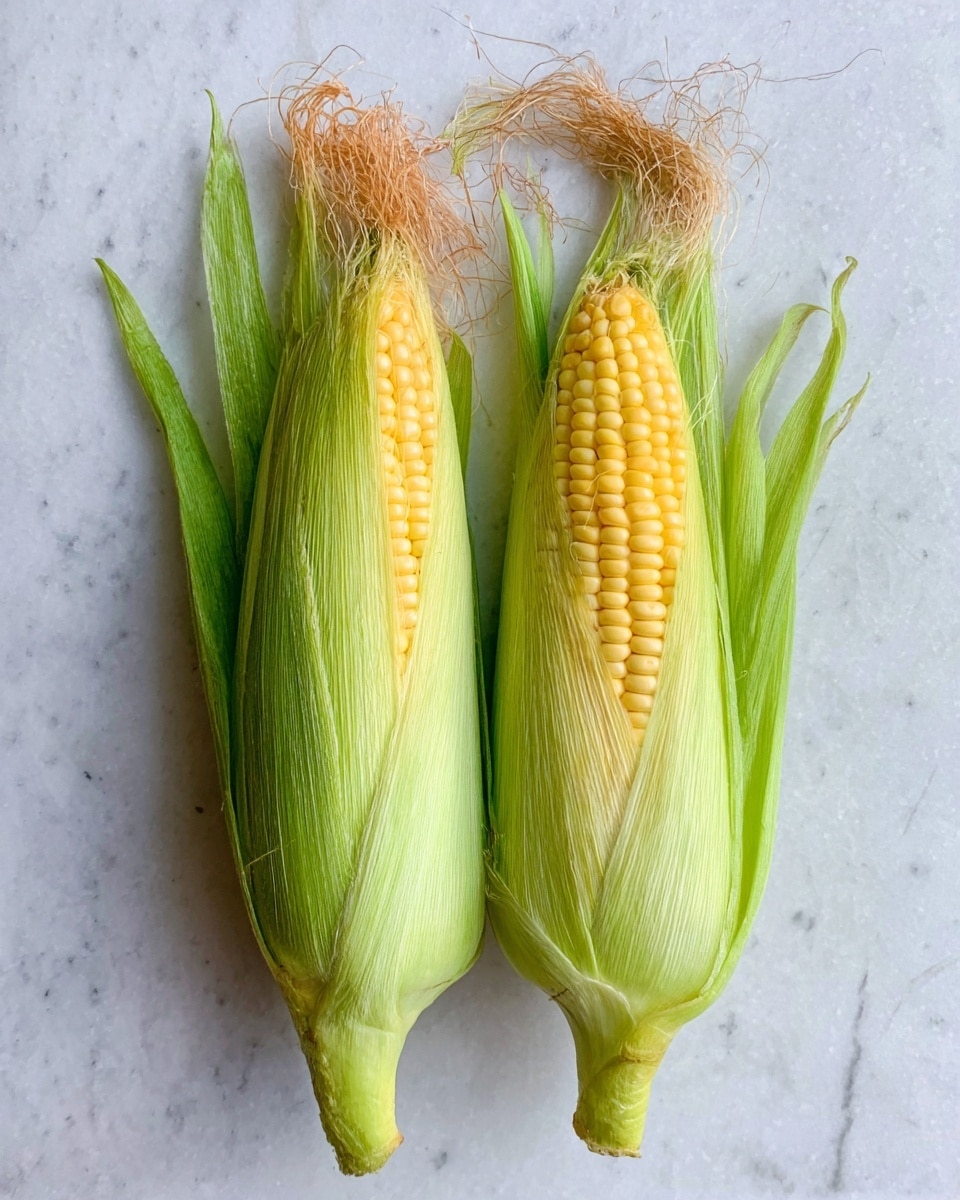 Two ears of corn with light green husks partially peeled back to show rows of bright yellow kernels. The corn silk at the top is light brown and wispy. The ears lie side by side on a white marbled surface. photo taken with an iphone --ar 4:5 --v 7