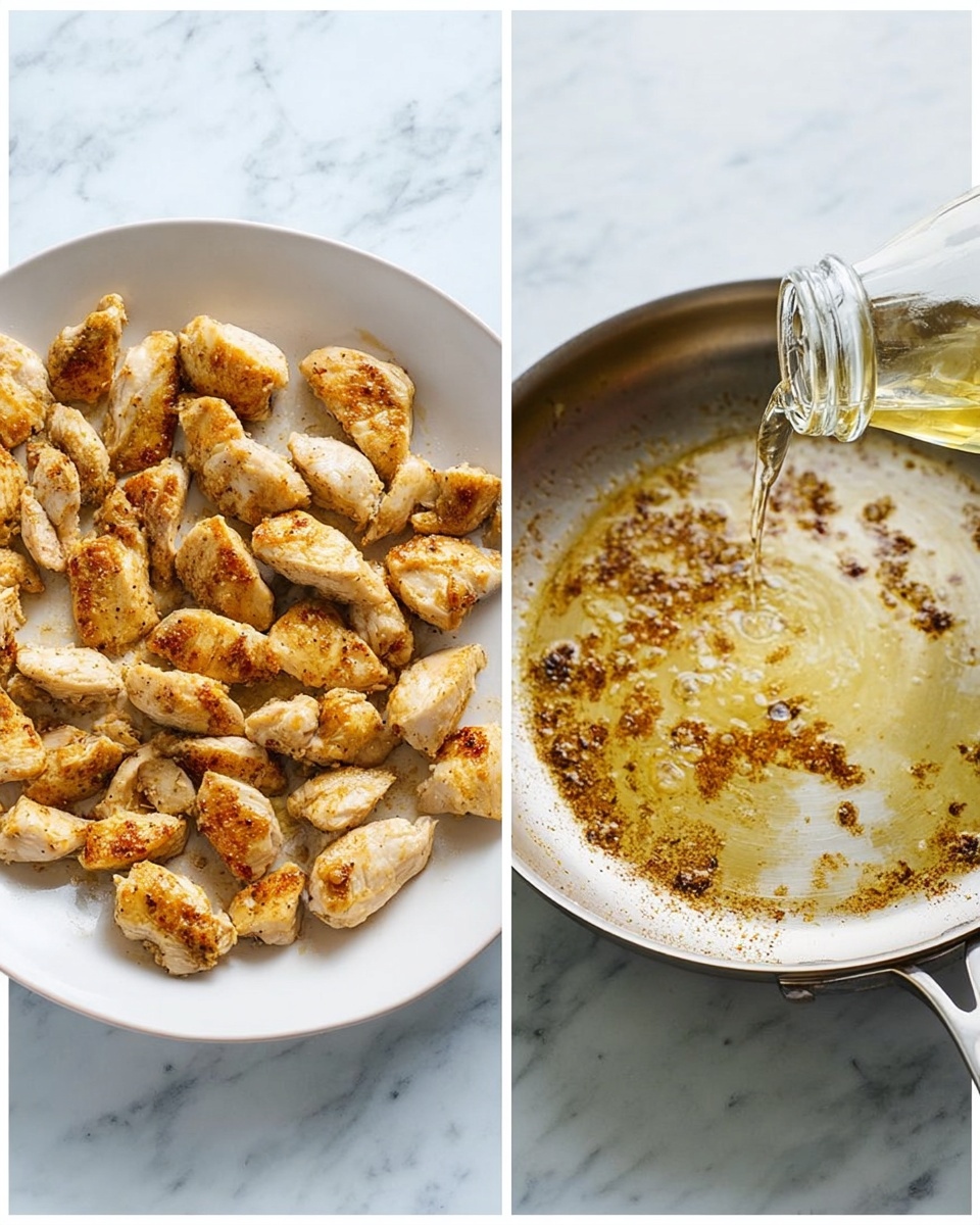 The image shows two parts side by side on a white marbled surface. On the left, there is a white round plate filled with many pieces of cooked chicken, each piece golden brown with some darker spots from cooking, arranged loosely across the plate. The chicken pieces have a slightly rough texture from the cooking process. On the right, there is a silver frying pan with browned bits stuck on the bottom and a light layer of oil, while a clear liquid is being poured into the pan from a glass bottle. The pan rests on the white marbled surface, and the image captures steam or bubbles just starting to form. Photo taken with an iphone --ar 4:5 --v 7