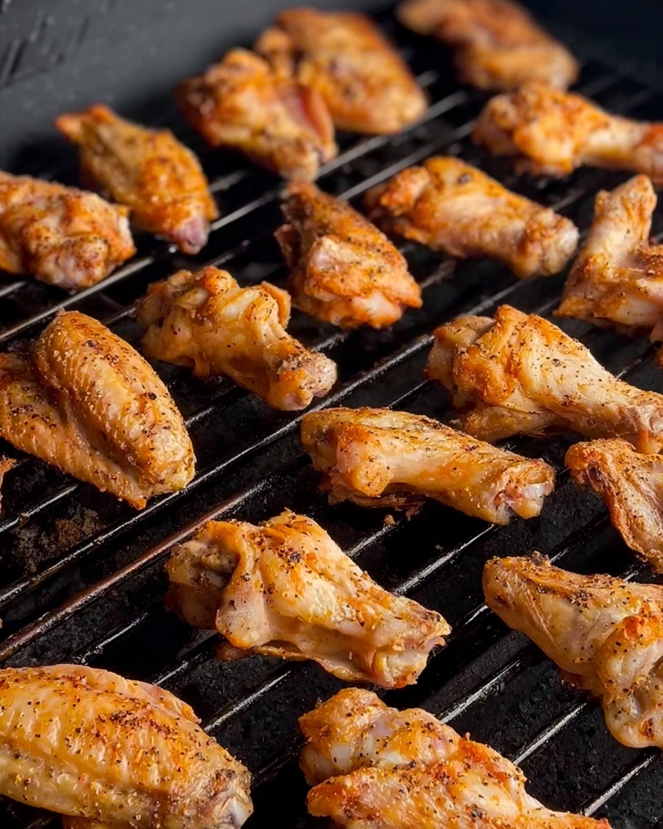 The image shows many pieces of chicken wings arranged closely on a grill rack. The wings are a mix of light orange and golden brown color with a slight sprinkle of black pepper or mild spices giving some texture. The grill has dark char marks that add contrast and depth to the wings, some areas show slight browning from cooking. The background is a soft focus white marbled texture beneath the grill, adding a clean look. The wings cover almost the entire surface inside the grill, layered side by side with no extra items visible. Photo taken with an iphone --ar 4:5 --v 7