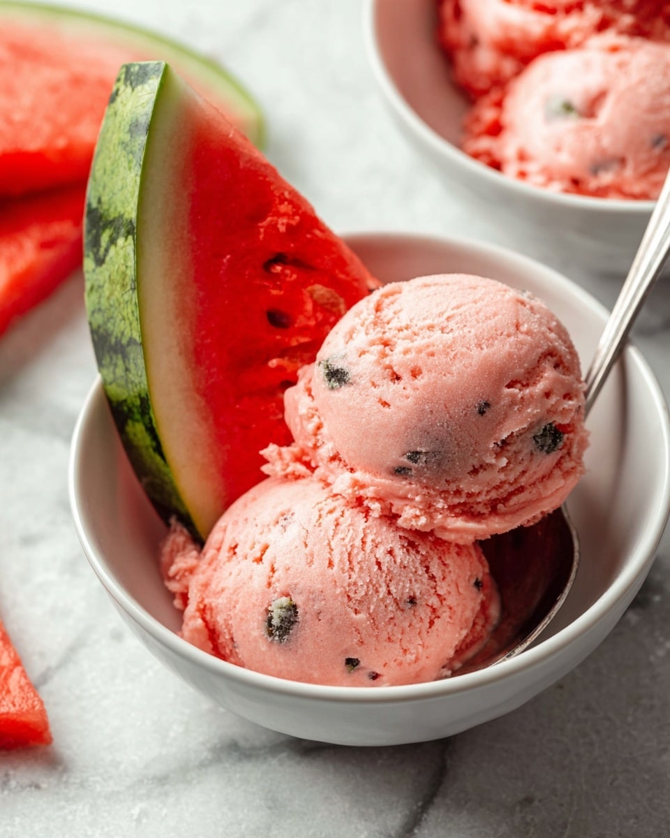 A white bowl holds two round scoops of pink watermelon ice cream with small dark bits mixed inside, sitting on a white marbled surface. A fresh slice of watermelon with green rind and red flesh is placed upright inside the bowl behind the ice cream. Part of another white bowl with more scoops of the same ice cream and another watermelon slice is visible nearby. A silver spoon rests inside the bowl with the ice cream, adding a shiny metal texture. Photo taken with an iphone --ar 4:5 --v 7