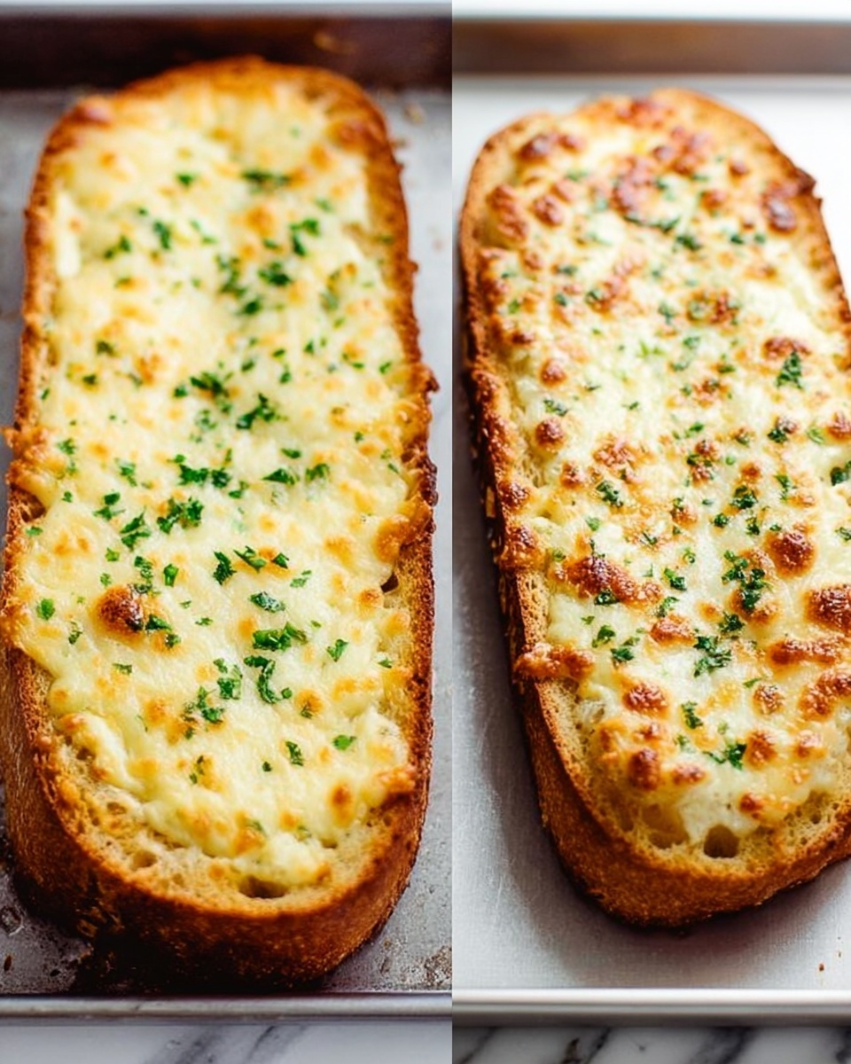 The image shows two long pieces of toasted bread on a metal baking tray. Each piece has a thick, golden layer of melted cheese on top, with small browned spots and sprinkled green herbs evenly spread across the surface. The bread looks crunchy on the edges, and the cheese layer is bubbly and smooth with some texture from the herbs. The tray sits on a white marbled surface. photo taken with an iphone --ar 4:5 --v 7