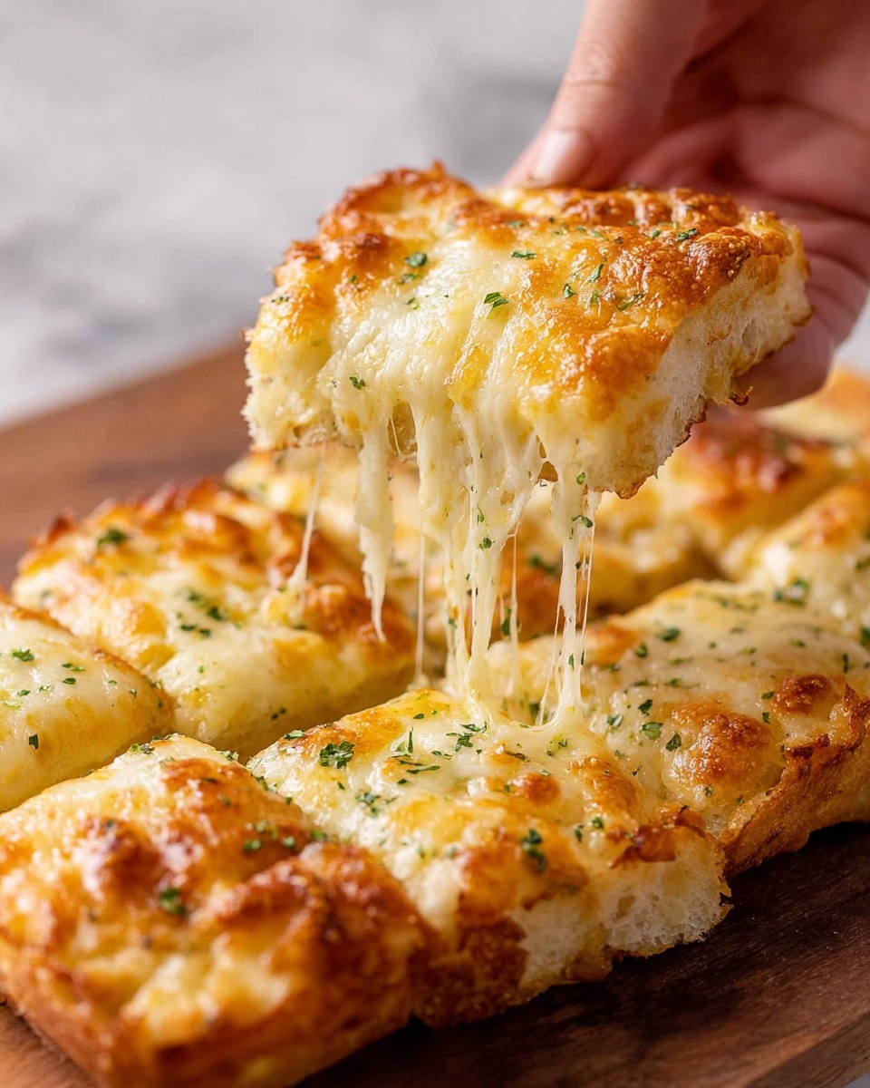 A close-up image of a cheesy garlic bread slice being lifted by a woman's hand, showing long, stretchy strings of melted cheese connecting it to the rest of the bread below. The bread is cut into squares with a golden-brown, crispy crust on the edges and a bubbly, melted cheese layer on top, sprinkled with small bits of green herbs. The pieces are placed on a wooden board with a white marbled texture background. Photo taken with an iphone --ar 4:5 --v 7