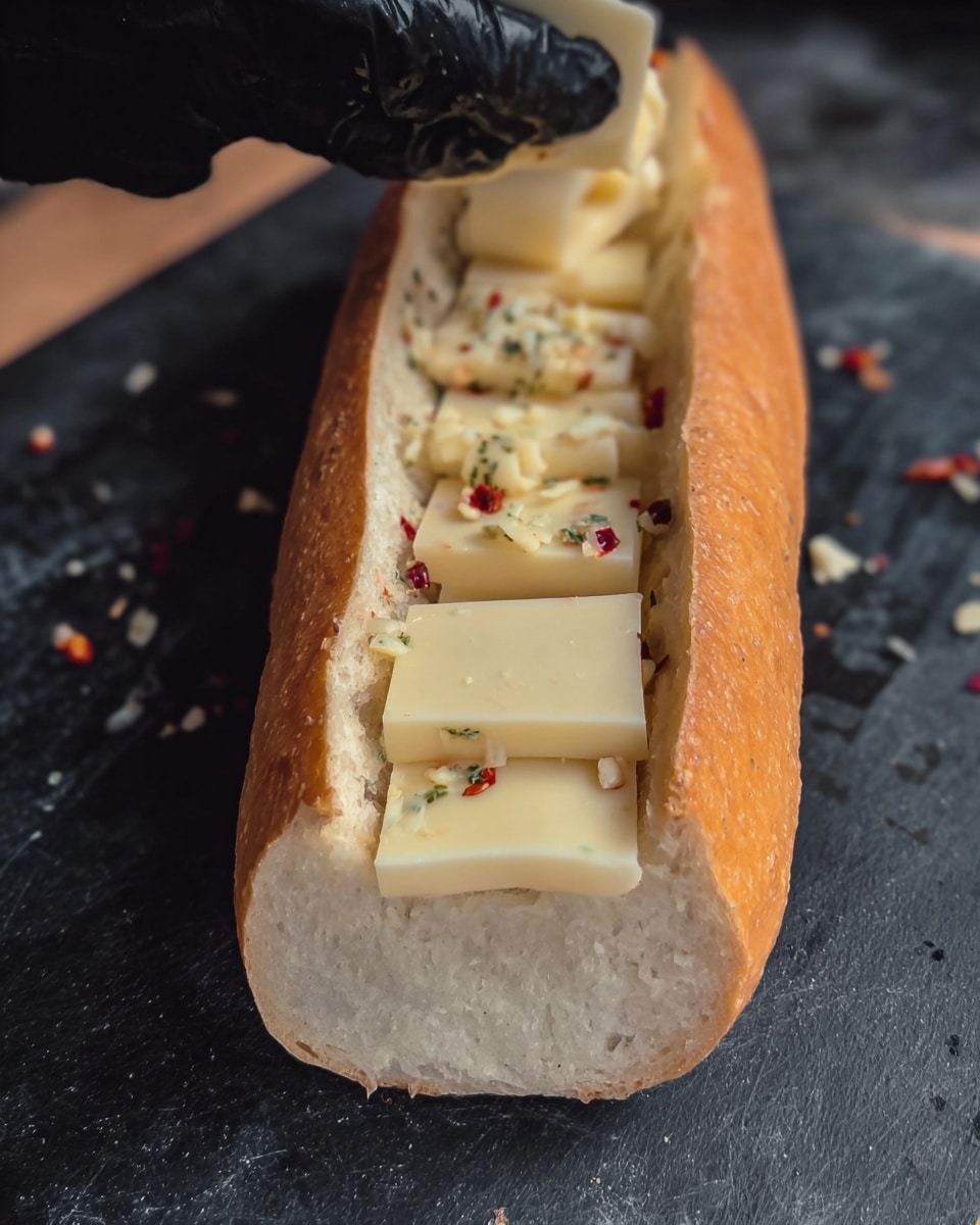 A close-up view of a long sandwich bun, hollowed out in the center, placed on a dark cutting board with a woman's hand wearing a black glove placing rectangular slices of cheese with small red and green seasoning bits evenly inside the hollow. The bun is light brown and soft with a fluffy white inside. The dark cutting board contrasts with the bread and cheese. The photo is detailed and natural. Photo taken with an iphone --ar 4:5 --v 7