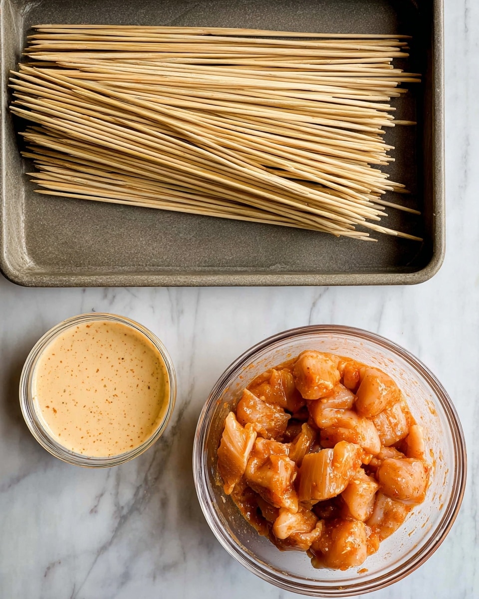 The image shows three main items on a white marbled surface: on the left, there is a rectangular gray baking tray filled with thin bamboo skewers standing upright; on the right, a clear round bowl filled with raw chicken pieces coated in a reddish-orange spice mix is placed below another small clear round bowl containing a creamy light orange dipping sauce with visible small spices. The textures are smooth for the sauce, shiny and slightly wet for the spiced chicken, and dry and wooden for the skewers. Photo taken with an iphone --ar 4:5 --v 7