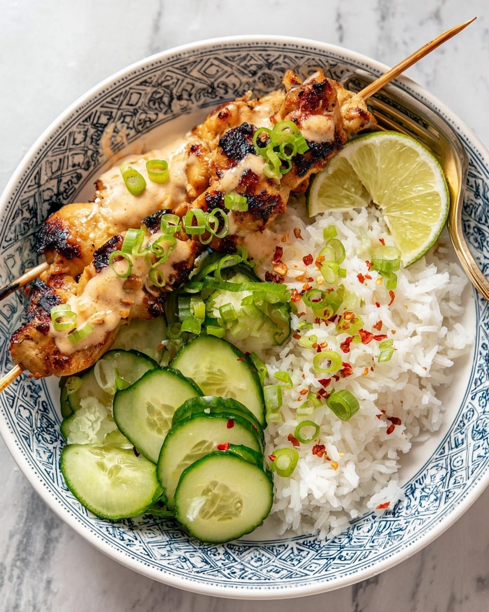 A white bowl with blue decorative patterns holds a visually layered dish starting with a base of white rice on one side. On the other side sit two grilled chicken skewers, golden brown with some char marks, topped with a creamy sauce and chopped green onions scattered across. Below the skewers, there are fresh cucumber slices sprinkled lightly with red chili flakes. A wedge of lime rests on the rice near the chicken, and a golden fork peeks out from under the cucumber pieces. All this is placed on a white marbled texture surface. Photo taken with an iphone --ar 4:5 --v 7