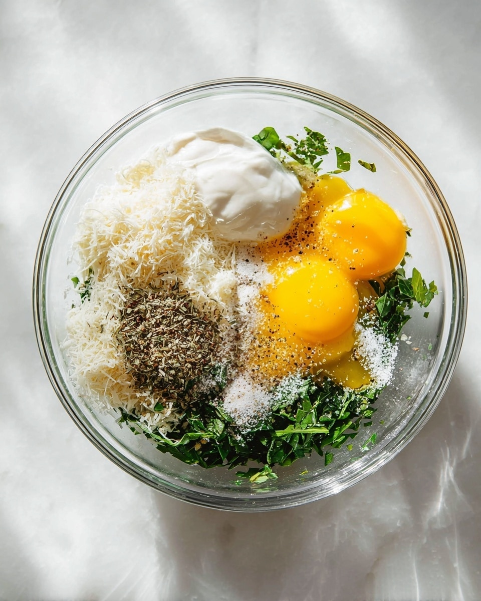 A clear glass bowl on a white marbled surface holds ingredients layered for mixing. The bottom layer is green leafy herbs, topped with two bright yellow egg yolks toward the right. To the left of the yolks is a heap of finely grated white cheese. There are two dollops of smooth, creamy white yogurt on the upper left side, and scattered over the center are small piles of dried brown herbs and black pepper, along with a pinch of salt. The bright natural light casts soft shadows, highlighting the textures of the ingredients photo taken with an iphone --ar 4:5 --v 7