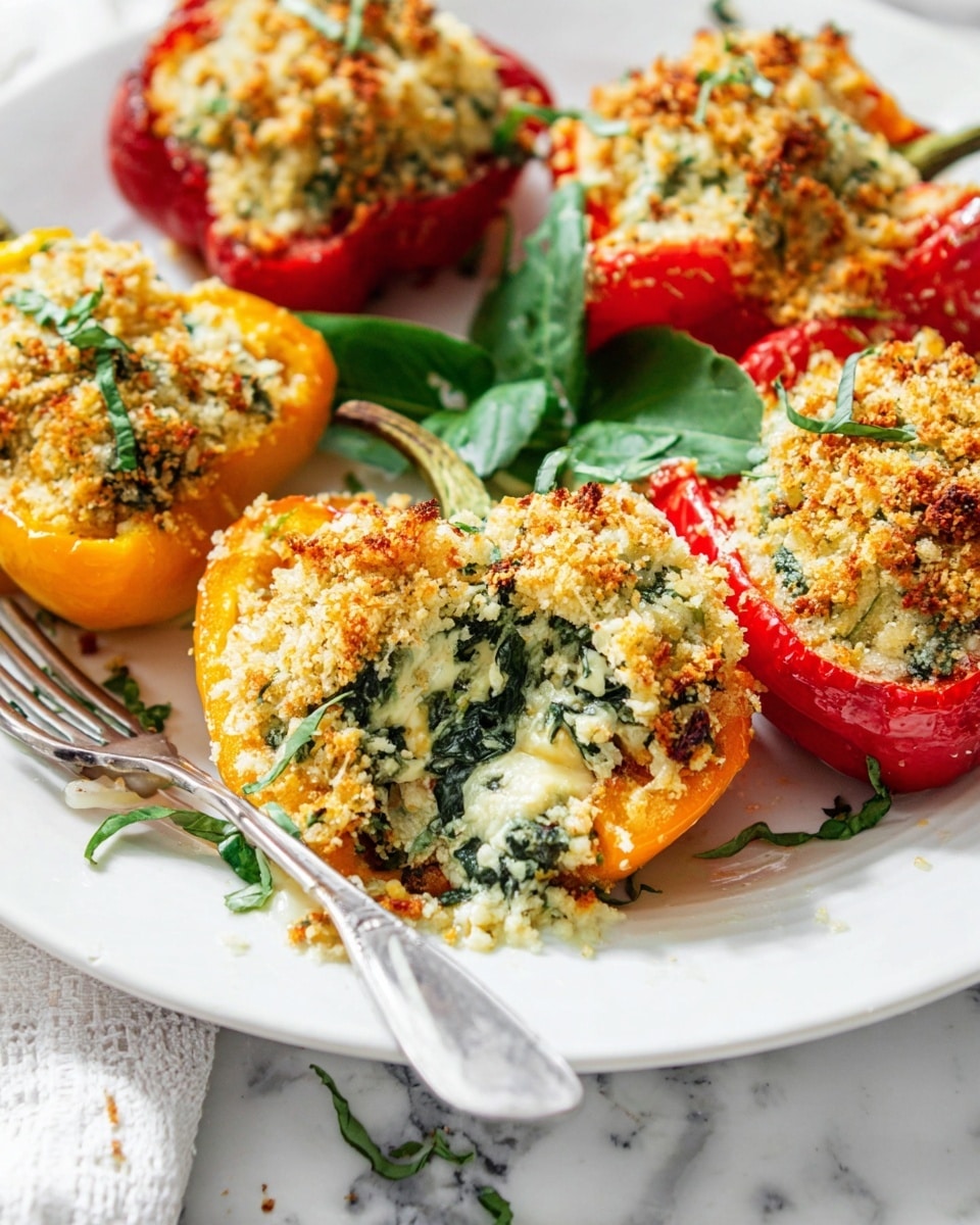The image shows several stuffed bell pepper halves arranged on a white plate with a white marbled surface in the background. Each pepper half has a layer of bright, roasted red, green, or yellow pepper forming the base, filled with a creamy white mixture containing green leafy vegetables, likely spinach. The top layer has a crunchy, golden-brown breadcrumb crust with some melted cheese visible. The peppers are cut open to reveal the creamy filling inside. Some fresh green herbs are placed in the center for garnish, and a fork is resting on the plate near the front. Photo taken with an iphone --ar 4:5 --v 7