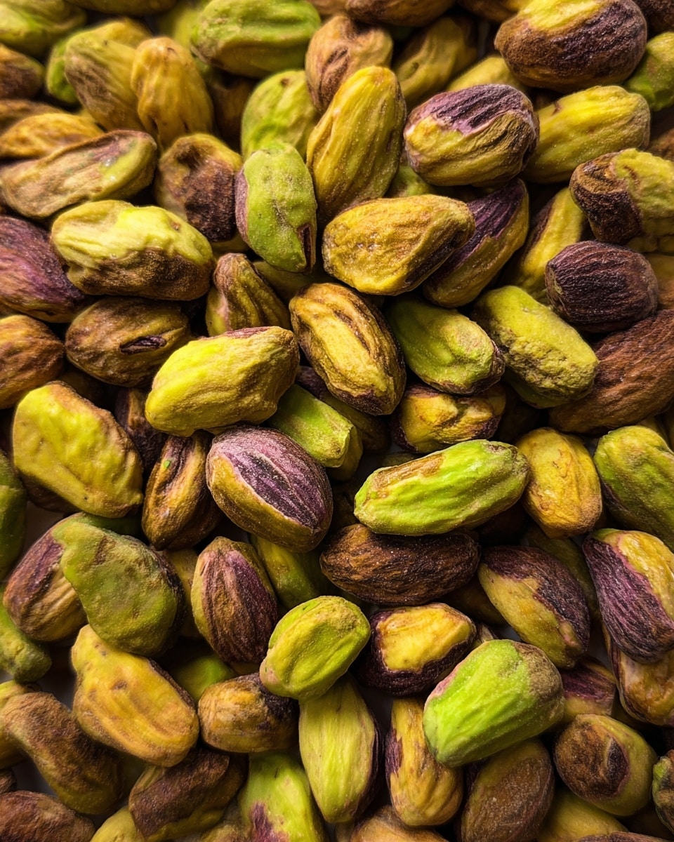 A close-up image showing a pile of shelled pistachios with a mix of green, yellow, and brown shades, each nut showing a rough texture and natural ridges, filling the entire frame with no other objects or backgrounds visible except a slight view of a white marbled surface at the edges photo taken with an iphone --ar 4:5 --v 7