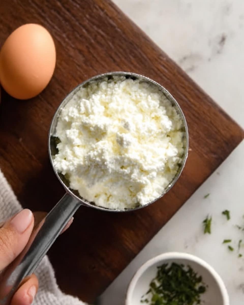 A close-up view of a metal measuring cup filled with white, soft cottage cheese showing its small curds and creamy texture. The cup is held by a woman's hand, resting on a dark wooden surface near two brown eggs and a small white bowl containing green herbs. The background surface is changed to a white marbled texture. Photo taken with an iphone --ar 4:5 --v 7