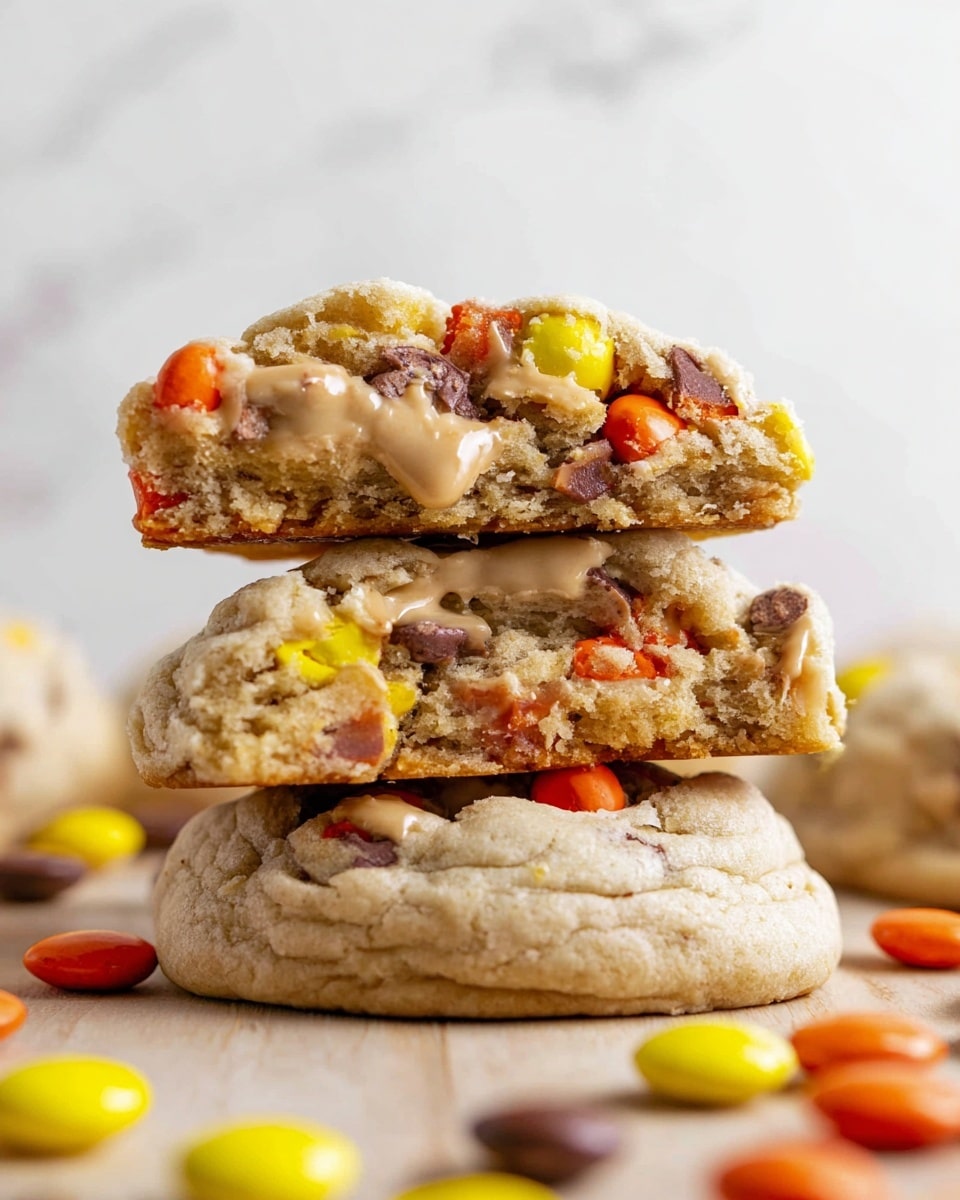 The image shows a close-up of a soft, thick cookie broken in half and stacked on top of a whole cookie. The top cookie half reveals a light brown dough with embedded orange, yellow, and brown candy-coated chocolate pieces, adding vibrant spots of color. The texture looks chewy and slightly crumbly, with some melted creamy chocolate drizzled inside. The whole cookie beneath has a smooth, slightly cracked surface with a few candy pieces visible. Scattered around the stack are more candy-coated chocolates in yellow, orange, and brown on a light wooden surface with a white marbled background. photo taken with an iphone --ar 4:5 --v 7