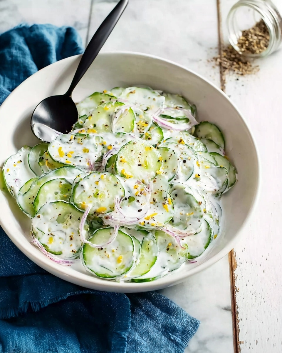 A white bowl contains a fresh cucumber salad with thin slices of light green cucumber layered evenly throughout. Thin strands of pale purple onion are mixed in, creating light contrast. The salad is coated in a creamy white dressing with a smooth texture, sprinkled with small bits of black and yellow seasoning on top. A black spoon is placed inside the bowl on the left side. The bowl rests on a white marbled surface with a blue cloth nearby and a small glass jar tipped over in the background spilling some of the seasoning. Photo taken with an iphone --ar 4:5 --v 7