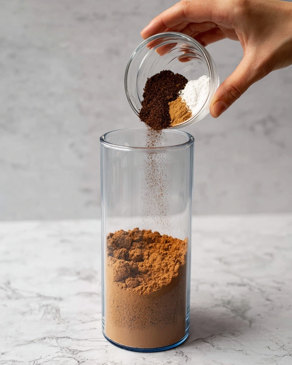 A woman’s hand holds a small clear glass bowl above a tall clear container, pouring a mix of three spices: a dark brown powder, a light brown powder, and a white powder. Inside the tall container below is a thick layer of fine, crumbly light brown powder filling most of the height. The background is a white marbled texture. photo taken with an iphone --ar 4:5 --v 7