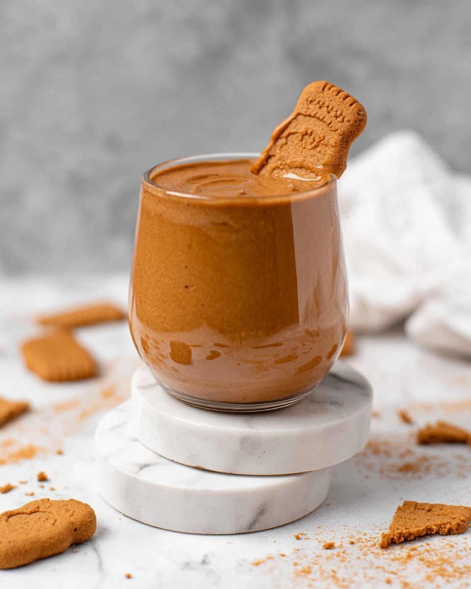 A single glass filled with a smooth, thick brown pudding-like dessert sits centered on two stacked white marble coasters. A Biscoff cookie is placed upright, partially dipped into the dessert at the top right edge of the glass. The surface around the glass and coasters is a white marbled texture, scattered with whole and broken pieces of the same Biscoff cookie. The background is a soft gray with a blurred white cloth slightly visible on the right side. photo taken with an iphone --ar 4:5 --v 7