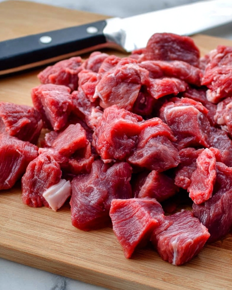The image shows many small pieces of raw red meat with some white fat parts on a light wooden cutting board. The meat is arranged closely together, showing different shades of red and pink with a soft, fresh texture. In the background, the tip of a knife with a black handle and silver blade is visible on the left side. The surface under the cutting board is a white marbled texture, photo taken with an iphone --ar 4:5 --v 7