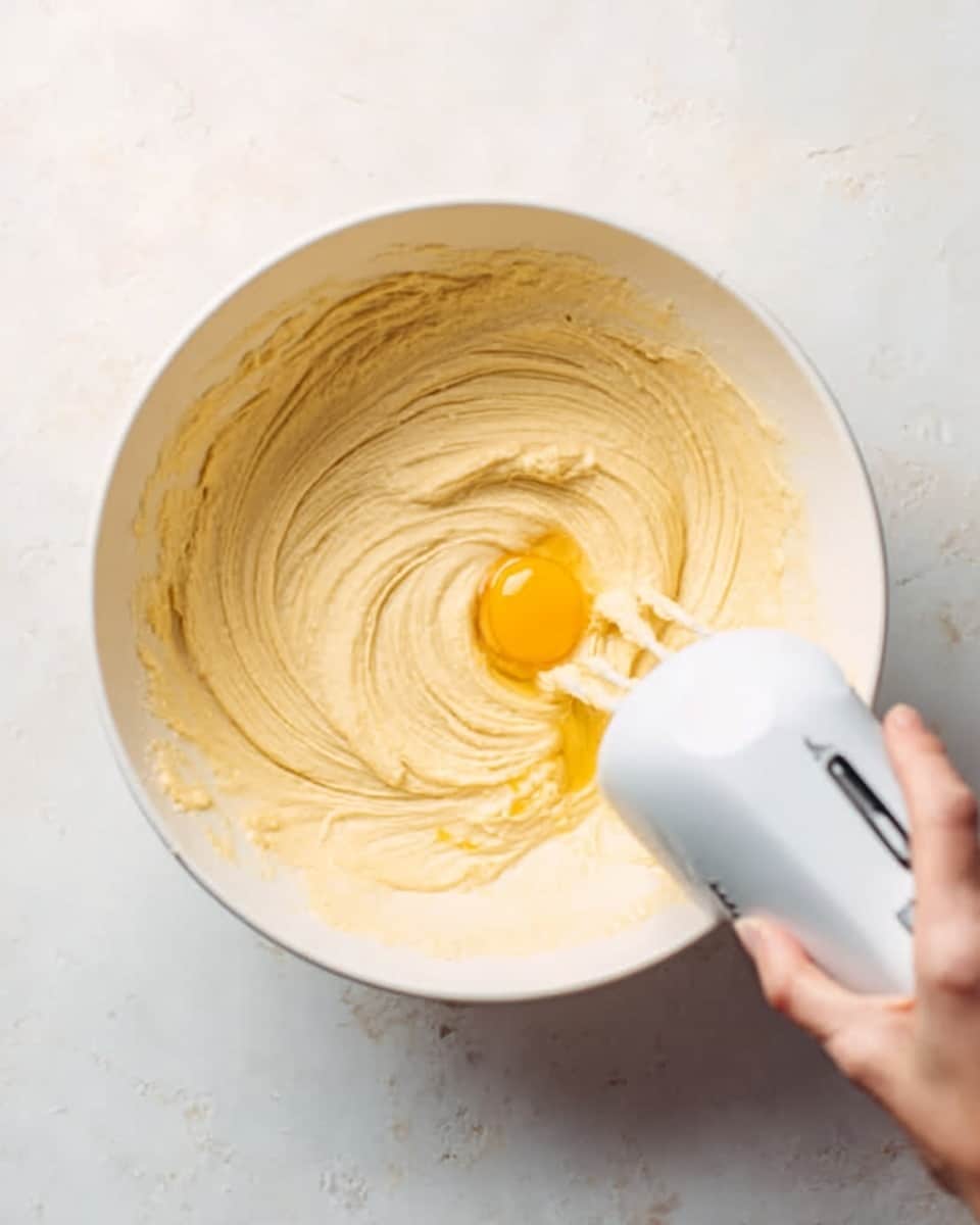 A close-up top view of a white bowl sitting on a white marbled texture, containing a creamy beige batter with visible swirls of a smooth texture. On top of the batter, there is a single raw egg yolk with bright yellow and orange shades, sitting near the edge of the bowl. A white electric mixer is partly inside the bowl, held by a woman's hand, gently mixing the batter and egg. The scene looks bright with soft natural light, highlighting the different textures and colors in the bowl. photo taken with an iphone --ar 4:5 --v 7