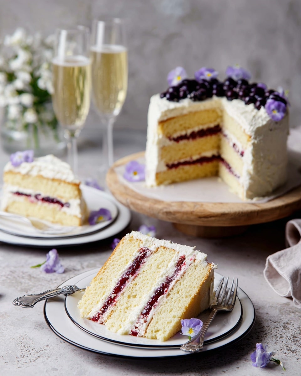 A three-layer vanilla sponge cake with two layers of red berry jam and white cream between each sponge, all covered in smooth white frosting. The top layer has a row of dark purple berries and small purple flowers decorating it. Two slices of the cake are served on white plates with a thin black edge, each with a silver fork placed next to the slice. The cake stand is a round wooden board, all set on a white marbled textured surface, with two glasses of light golden sparkling wine and white flowers blurred in the background. Photo taken with an iphone --ar 4:5 --v 7