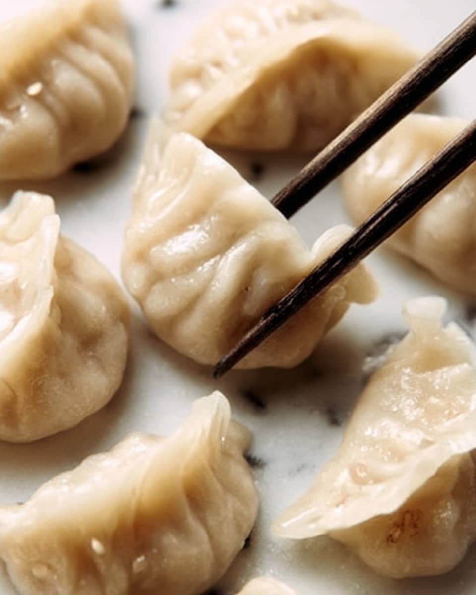The image shows several light beige dumplings arranged closely together on a white marbled surface. Each dumpling has a smooth, slightly shiny texture with small folds along the edges. There is a pair of dark chopsticks gently holding one dumpling from the top right. The dumplings look soft and plump, with subtle wrinkles on their surfaces. Photo taken with an iphone --ar 4:5 --v 7