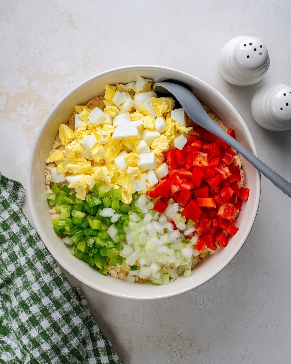 The image shows a white bowl on a white marbled surface filled with four distinct layers of chopped ingredients. The bottom layer is a creamy beige mix, partially visible under the chopped toppings. On top, there are four sections: bright yellow chopped hard boiled eggs at the top left, white chopped onions at the bottom left, light green chopped celery at the bottom right, and vibrant red chopped bell peppers at the top right. A gray spoon is placed inside the bowl near the red pepper section. Nearby on the surface, there is a pair of white salt and pepper shakers, and a green and white checkered cloth. photo taken with an iphone --ar 4:5 --v 7
