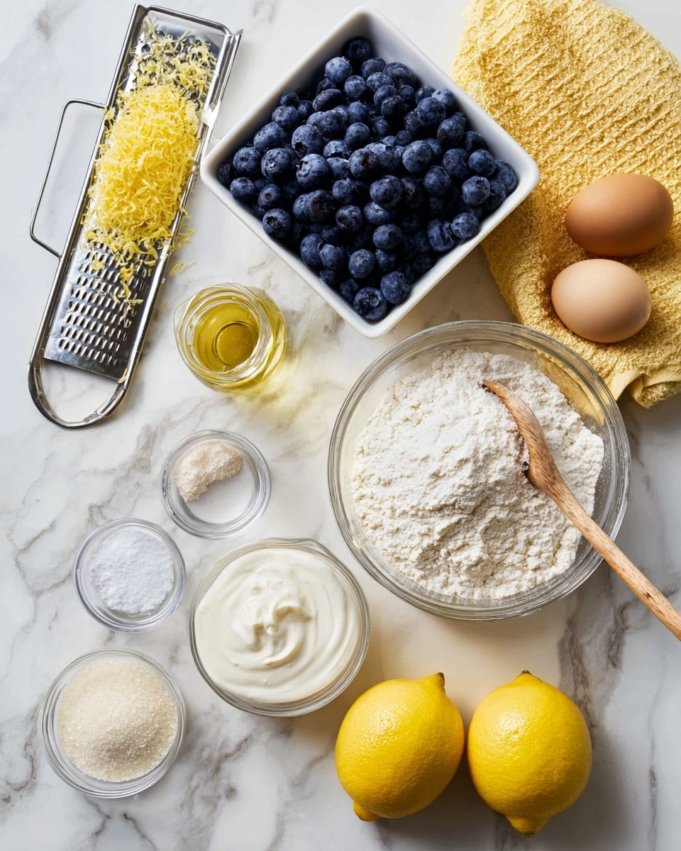 The image shows a top view of several fresh ingredients laid out on a white marbled surface. There is a white square bowl filled with fresh blueberries in the middle, surrounded by two whole brown eggs at the top right. To the right of the eggs is a yellow textured towel. At the bottom, two whole bright yellow lemons sit side by side. Near the lemons is a clear glass bowl filled with white flour, with a wooden spoon resting in it. Above the flour bowl, a metal grater has fresh yellow lemon zest on it. To the left, a small clear bowl contains granulated sugar. Another small clear bowl holds white yogurt below a larger clear bowl with powdered sugar and a white measuring spoon. Finally, near the top center is a small glass bottle of light yellow oil, adding a warm tone to the otherwise cool colors. Photo taken with an iphone --ar 4:5 --v 7