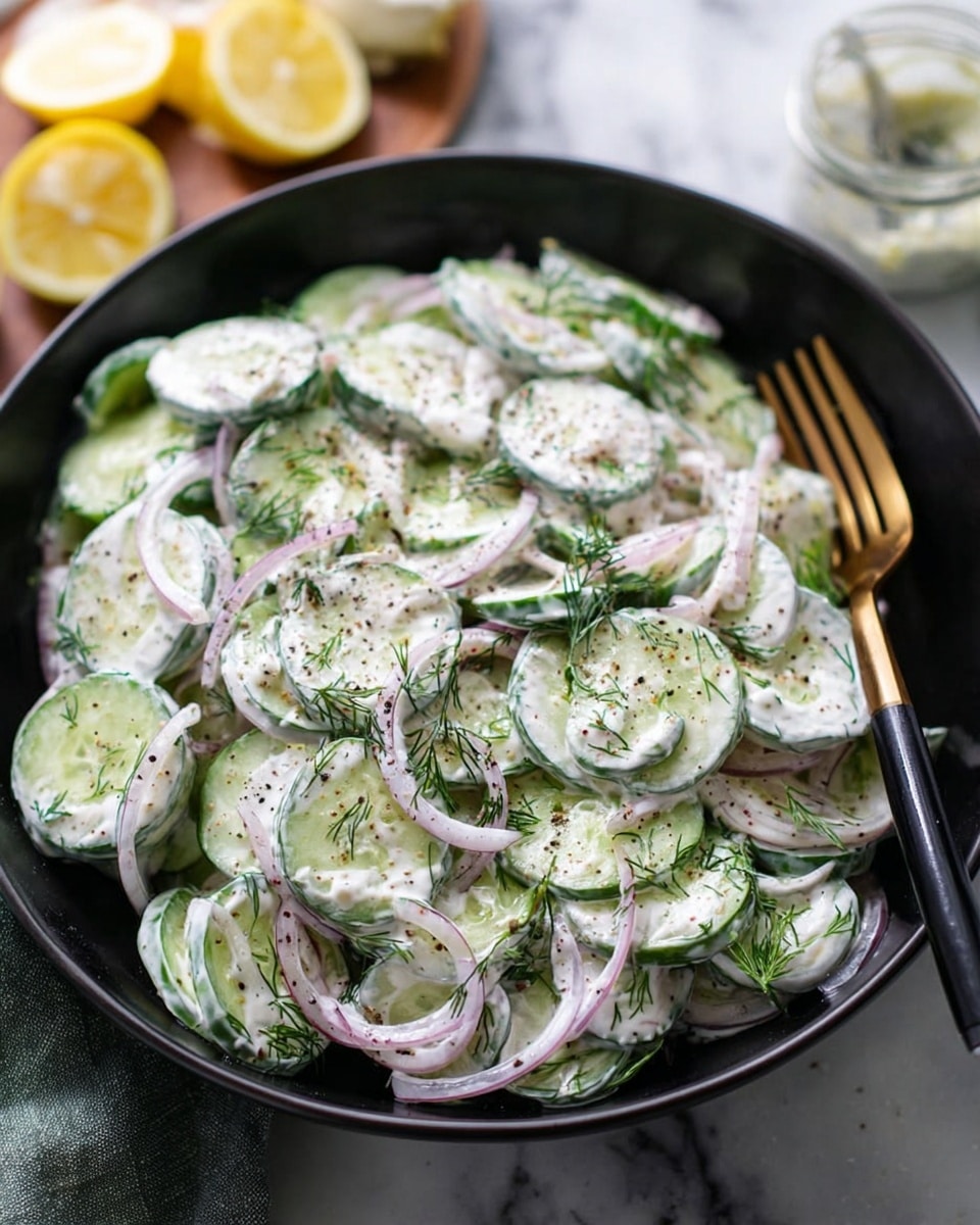 A black bowl filled with a creamy cucumber salad showing layers of thin green cucumber slices mixed with thin strips of light purple onion, all coated in a white creamy dressing. Fresh green dill sprigs are spread evenly on top, and there is a light sprinkle of black pepper over the salad. A gold and black fork rests on the right side, partially inside the bowl. In the blurred background, some lemon slices and a jar of dressing are visible. The bowl is placed on a white marbled surface. Photo taken with an iphone --ar 4:5 --v 7
