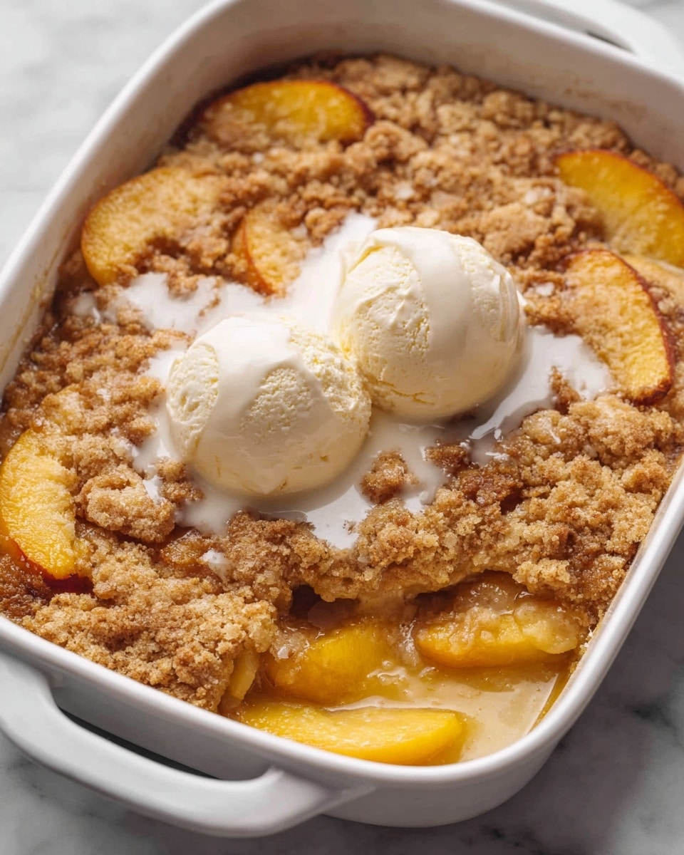 A white baking dish holds a warm dessert with a golden brown top layer that looks crispy and textured. Underneath, soft, bright orange slices of cooked fruit, likely peaches, are visible through gaps in the crust. In the center, two smooth, creamy white scoops of melting ice cream rest on the fruit, with some melting ice cream flowing slightly onto the crust. The whole dish sits on a white marbled surface. Photo taken with an iphone --ar 4:5 --v 7