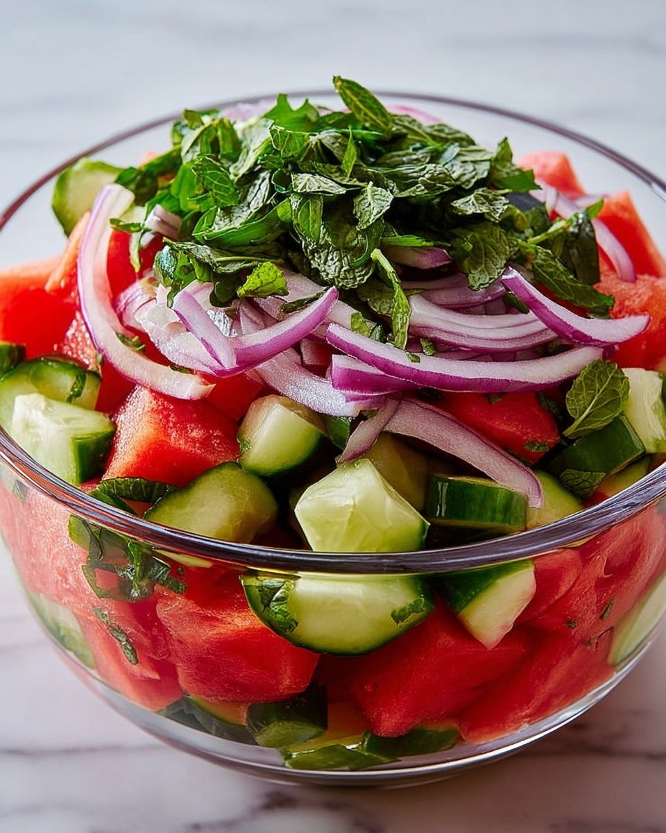 A clear glass bowl filled with a colorful salad showing three layers: the bottom layer is bright red chunks of watermelon, above it are small, vivid green and white cucumber pieces, and the top layer consists of leafy dark green herbs and thinly sliced purple onion rings arranged on top. The bowl sits on a white marbled surface. photo taken with an iphone --ar 4:5 --v 7