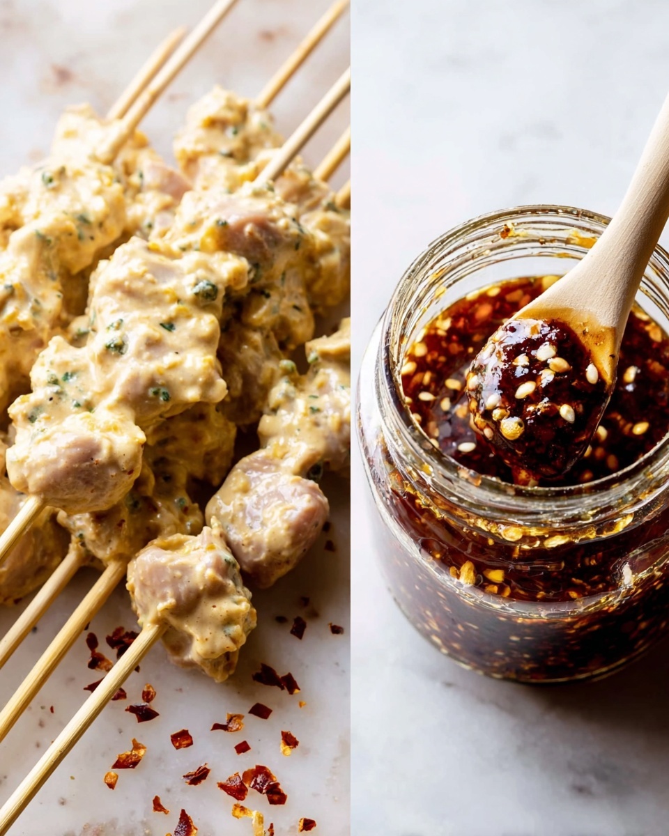 On the left, there are several wooden skewers laid side by side on a white marbled surface, each skewer holding raw meat pieces coated in a thick layer of creamy, pale yellow marinade with small green herb specks visible throughout; the texture looks soft and a little chunky, covering the meat unevenly but fully. On the right, there is a clear glass jar filled with a dark reddish-brown sauce mixed with seeds and chili flakes, showing a shiny, sticky texture. A beige spoon rests inside the jar, lifting some sauce which reveals red chili flakes and white sesame seeds mixed thickly in the sauce. The background is a clean white marbled surface with scattered chili flakes around the jar. photo taken with an iphone --ar 4:5 --v 7