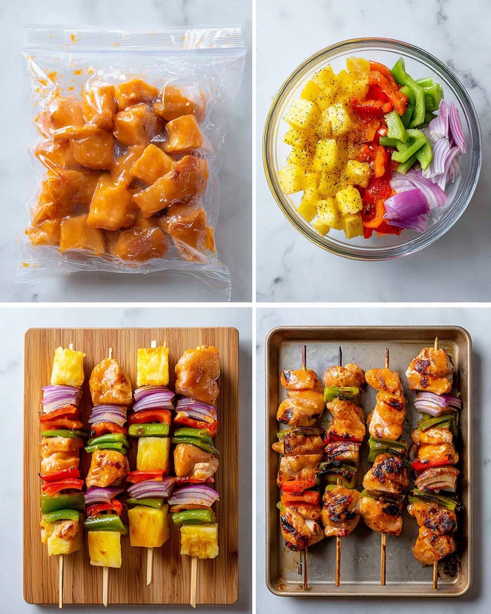 The image shows a four-step sequence of making chicken and vegetable skewers. The first part shows marinated chicken pieces in a clear plastic bag with orange-colored sauce. The second part displays a clear glass bowl with layered ingredients, including orange and red bell peppers, purple onions, green bell peppers, and yellow pineapple chunks, all seasoned with black pepper on a white marbled surface. The third part shows assembled skewers on a wooden board, each skewer layered with marinated chicken, pineapple pieces, red, green, orange bell peppers, and red onion slices. The last part has cooked skewers on a metal tray with the ingredients slightly charred and browned, showing a mix of vibrant colors and cooked textures. photo taken with an iphone --ar 4:5 --v 7