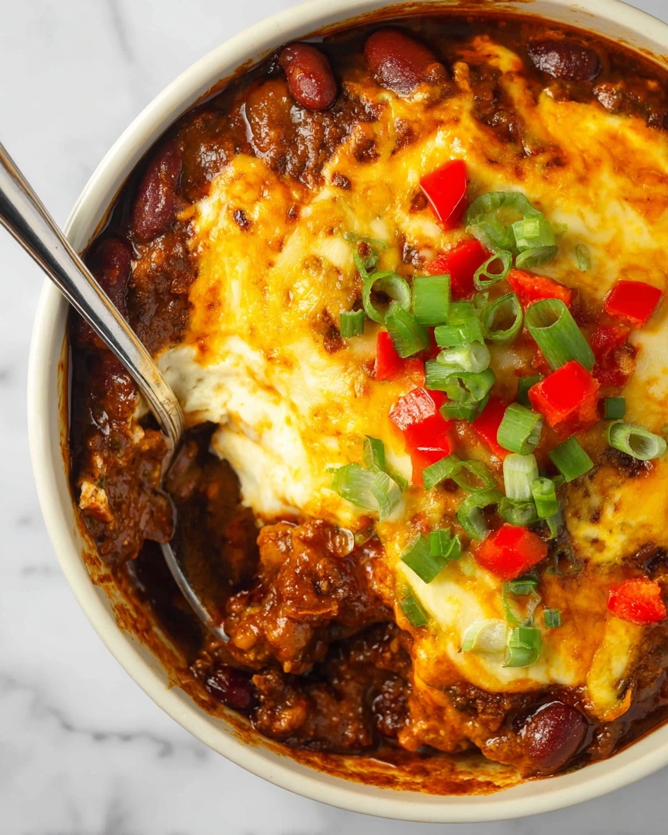 The image shows a cooked dish in a white bowl with three main layers. The bottom layer is a thick, dark brown chili with visible chunks of meat and red beans. Above this is a melted cheese layer, which is pale yellow and white, with some browned spots from baking. The cheese is partly pulled back to show the chili beneath. On top, there are small pieces of bright green chopped scallions and red diced bell peppers scattered across the cheese surface. A spoon is placed inside the bowl, dipped into the chili layer. The bowl sits on a white marbled surface. Photo taken with an iphone --ar 4:5 --v 7