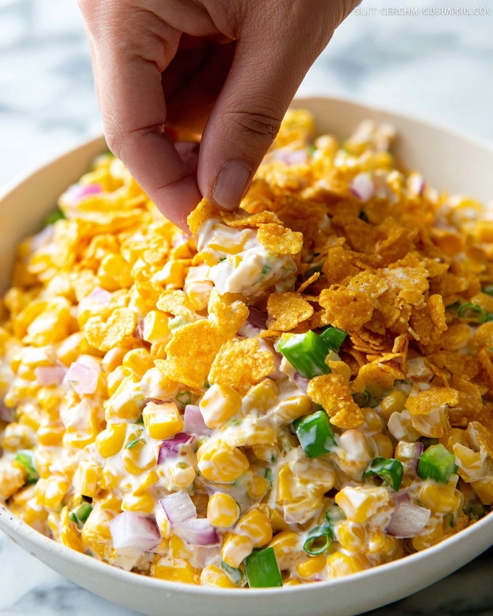 A close-up view of a corn salad on a white bowl, with three layers visible: the bottom layer is creamy and white, the middle layer has bright yellow corn kernels mixed with small finely chopped green bell peppers and red onions, and the top layer is scattered with crunchy, golden yellow cornflake pieces, adding texture. A woman's hand is seen picking up some of the salad, holding a piece of crispy cornflake. The scene is set on a white marbled surface, showcasing the freshness and color contrast of the salad, photo taken with an iphone --ar 4:5 --v 7