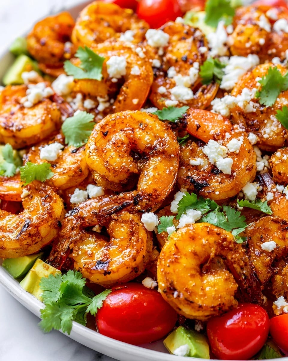The image shows a close-up of cooked shrimp that are golden orange with some charred spots, giving a slightly crispy look. The shrimp are scattered on a bed of small cherry tomatoes that are bright red, and there are chunks of light green avocado pieces around them. White crumbly cheese bits are spread over the shrimp while bright green cilantro leaves are placed randomly for a fresh touch. All the food is on a white plate placed on a white marbled surface. photo taken with an iphone --ar 4:5 --v 7