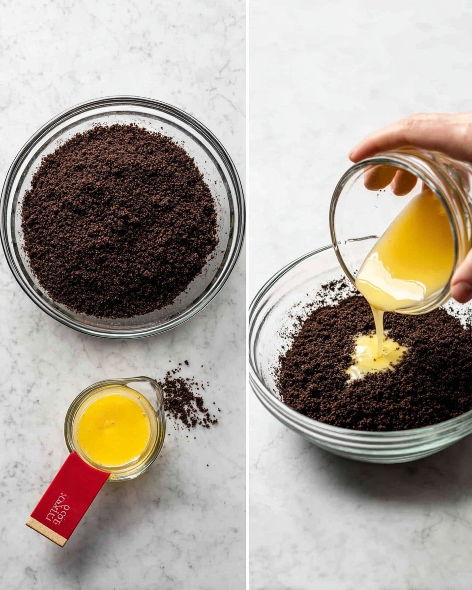 The image shows two parts: on the left side is a clear glass bowl filled with a layer of dark brown crumbly crushed cookies resting on a white marbled surface. Below the bowl is a small clear measuring cup with melted yellow butter inside and a red spatula with a wooden handle resting next to it. On the right side, a woman's hand pours the melted butter from the measuring cup into the middle of the same dark brown crumbly cookie crumbs inside the clear glass bowl. The textures show the dry crumbly crumbs and the smooth shiny melted butter. Photo taken with an iphone --ar 4:5 --v 7