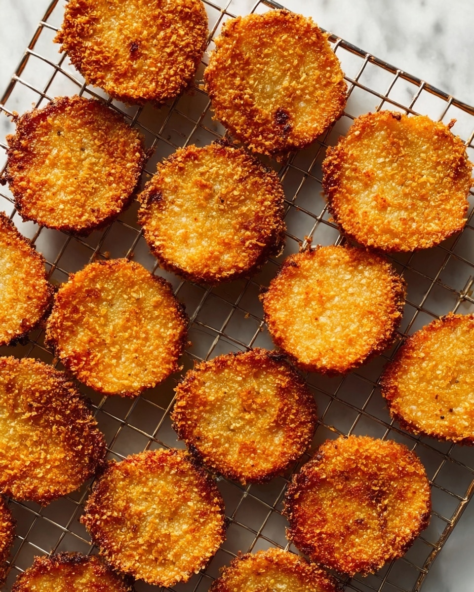 The image shows many round, golden-brown slices of a fried food laid out on a cooling rack. Each slice has a crispy, crunchy texture with a slightly rough surface and is evenly spaced. The slices have a warm orange and light brown color with some darker areas showing extra browning. The cooling rack is placed on a white marbled surface, giving a clean and bright background. The lighting is soft and natural, highlighting the crispy details and warm colors of the fried pieces. photo taken with an iphone --ar 4:5 --v 7