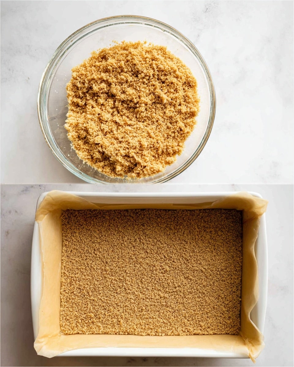 The image shows two parts: on the left is a clear glass bowl filled with a crumbly, light brown mixture that looks dry and grainy with small bits spread evenly. On the right is a white square baking dish lined with parchment paper holding the same crumbly mixture pressed flat and spread out smoothly to cover the entire bottom surface, with a slightly rough texture visible on the top layer. The background surface is a white marbled texture photo taken with an iphone --ar 4:5 --v 7