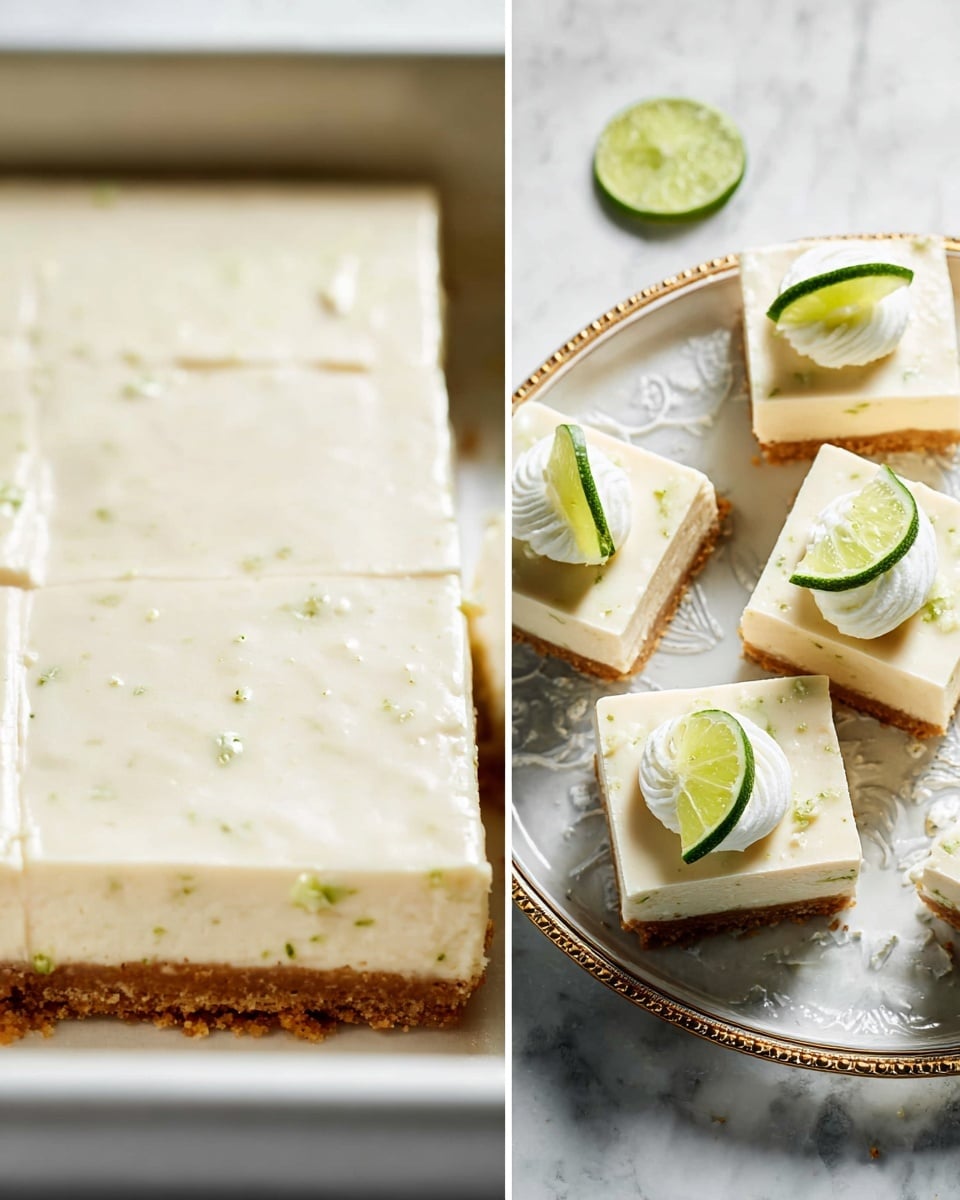 The image shows two parts: on the left, a white square pan filled with a smooth, creamy light beige layer that has small green specks and is spread evenly over a thin, golden brown crust layer visible on the edges. On the right side, there are several small square pieces of the dessert on a decorative round tray, each with two clear layers: a thick creamy off-white top layer with tiny green specks and a firm golden brown bottom crust. Each square is topped with a small dollop of white cream and a fresh slice of green lime, placed vertically. The background and surface are white marbled texture, giving a clean, bright look. photo taken with an iphone --ar 4:5 --v 7