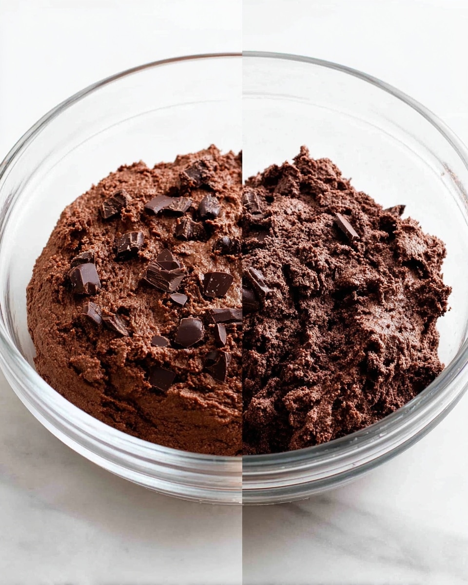 A clear glass bowl is filled with a thick, dark brown chocolate dough mixed with chunks of chocolate scattered throughout. The dough has a rough, slightly bumpy texture with some parts appearing soft and spongy. The bowl sits on a white marbled surface, and the scene is lit with bright, even light. photo taken with an iphone --ar 4:5 --v 7