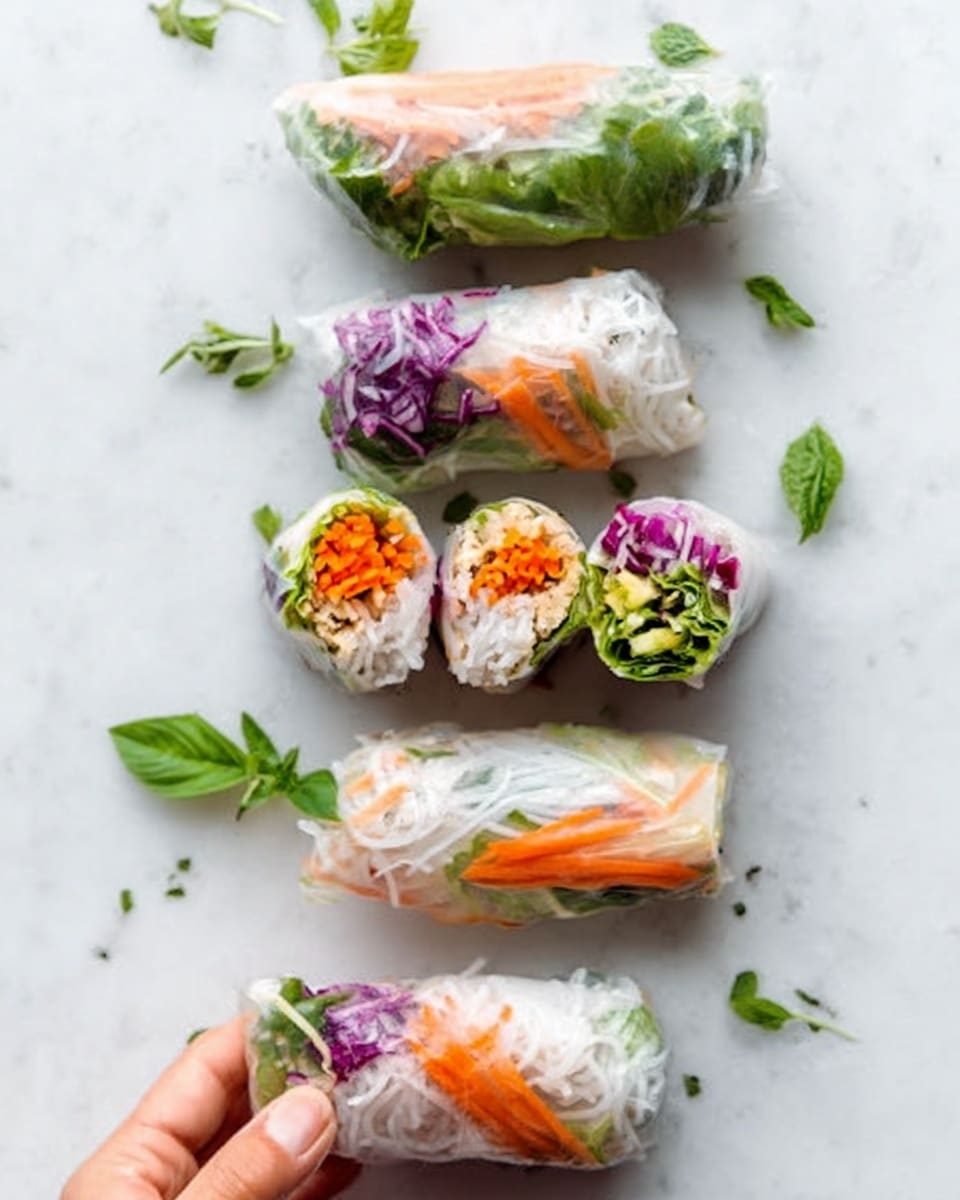 Two fresh spring rolls sit on a white round plate with a smooth surface, resting on a white marbled background. Each roll has three main layers visible through the clear rice paper: bright orange carrot slices forming the base layer, thin white rice noodles in the middle, and vibrant green avocado slices on top. White sesame seeds are sprinkled over the avocado, adding texture. Next to the rolls is a small white cup filled with thick, creamy orange peanut dipping sauce, topped with some chopped peanuts and more sesame seeds. A white cloth with green stripes is partially visible near the top left corner of the plate. Photo taken with an iphone --ar 4:5 --v 7