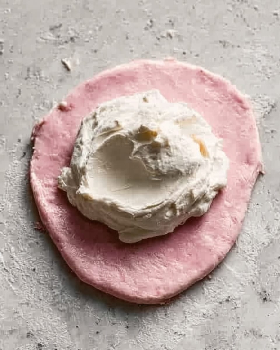 A close-up of a rough pink dough circle on a white marbled surface with a thick mound of white creamy filling placed in the center. The dough is soft with uneven edges, and the filling is smooth with slight lumps, piled in a round shape. The photo taken with an iphone --ar 4:5 --v 7