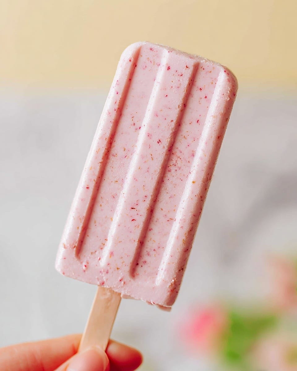 A close-up view of a single pink popsicle with small red and brown specks inside, giving it a textured appearance. The popsicle is rectangular with rounded edges and three vertical grooves running down its length. It is being held by a woman's hand gripping a light wooden stick at the bottom. The background is softly blurred with a light yellow hue and some hints of soft green and pink colors, placed over a white marbled texture. Photo taken with an iphone --ar 4:5 --v 7