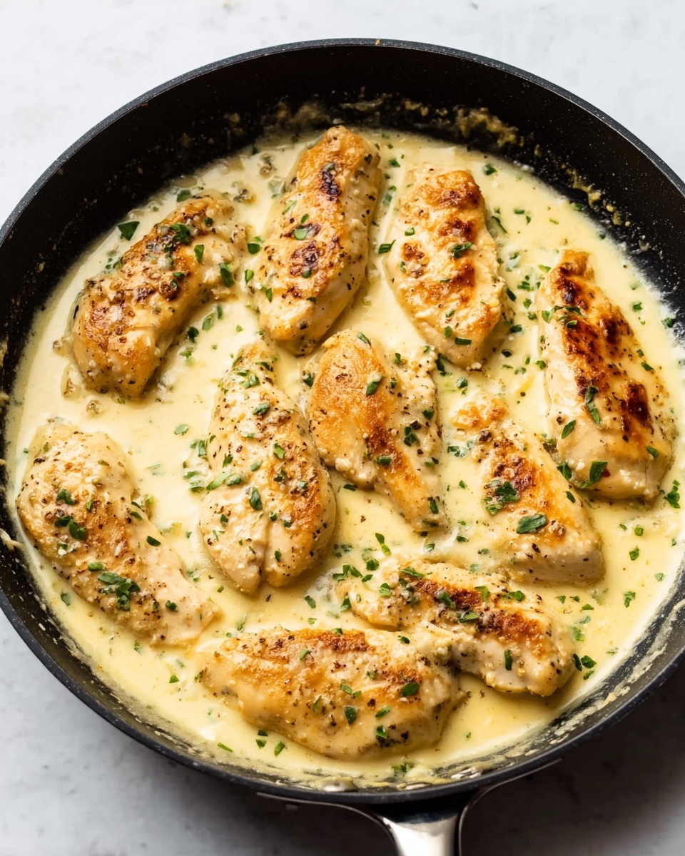 A black skillet filled with several pieces of golden-brown cooked chicken arranged evenly in creamy, light yellow sauce that covers the bottom and sides of the skillet. The chicken pieces have a juicy texture with some herbs sprinkled on top, adding small green specks across the creamy sauce. The skillet is placed on a white marbled surface. photo taken with an iphone --ar 4:5 --v 7