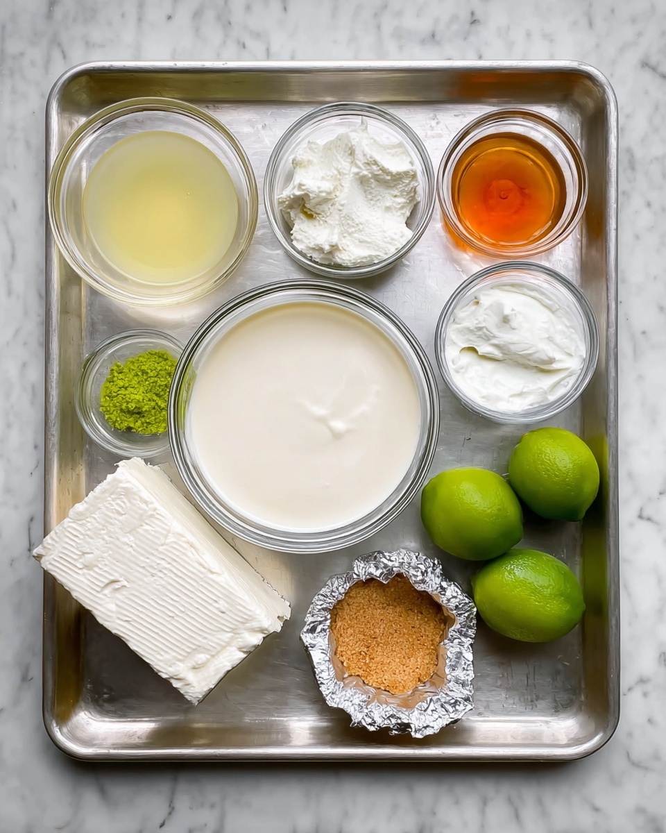 A silver baking tray holds several clear glass bowls arranged neatly. The largest bowl in the center contains a smooth, white liquid. To the left, a smaller bowl with a pale yellow liquid sits beside a tiny bowl of bright green zest and one with white powder. Above these is a bowl of thick white cream and another bowl with a pale orange liquid. On the right side, three small green limes lie near a tiny bowl of amber liquid and a foil cup filled with light brown crumbly material. A partially opened block of white cream cheese rests directly on the tray on the left edge. The whole scene is set on a white marbled surface. photo taken with an iphone --ar 4:5 --v 7