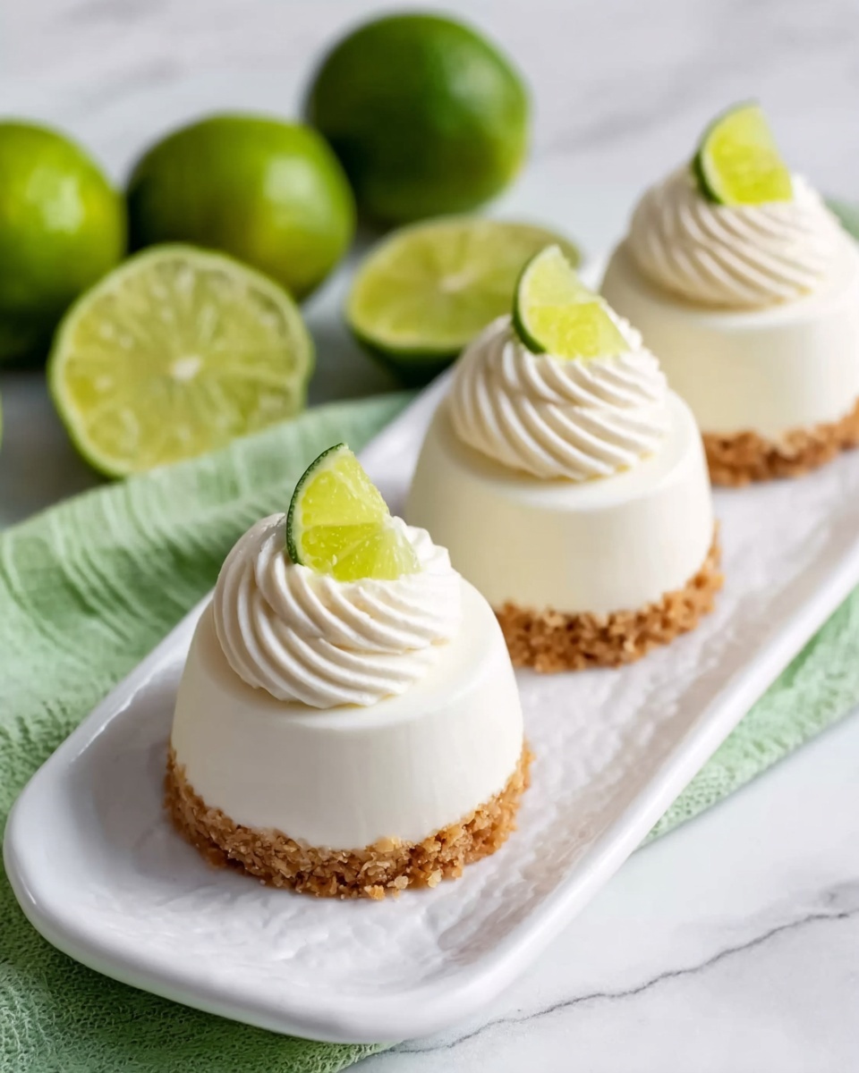 The image shows three small, dome-shaped lime desserts placed in a row on a long white plate with a slight texture. Each dessert has three layers: the bottom layer is a crumbly light brown crust, the middle layer is a smooth, creamy white dome, and the top layer is a swirl of white cream with a small green lime wedge placed at the peak. In the background, whole and halved green limes are arranged on a white marbled surface with a green cloth beneath them. The overall setup is clean and bright. photo taken with an iphone --ar 4:5 --v 7
