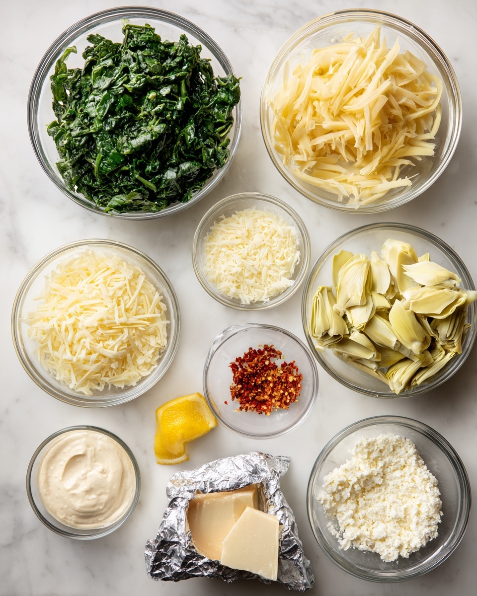 The image shows several clear glass bowls arranged on a white marbled surface, each holding different food ingredients. The largest bowl in the top left contains finely chopped green leafy spinach. To the bottom right of it, a medium bowl is filled with pale yellow artichoke hearts sliced into strips. Above that, there is a bowl with thin pale yellow potato sticks. Next to it on the right, a bowl holds light off-white grated cheese. Below, two small bowls hold creamy ingredients, one smooth and beige, the other thick and white. Another small bowl contains finely shredded pale yellow cheese. A separate small bowl has white minced garlic, while another holds red chili flakes. There is also a small dish with bright yellow lemon zest and a foil-wrapped package partially open showing creamy white cheese inside. The bowls and ingredients are evenly spaced over a clean white marbled surface. Photo taken with an iphone --ar 4:5 --v 7