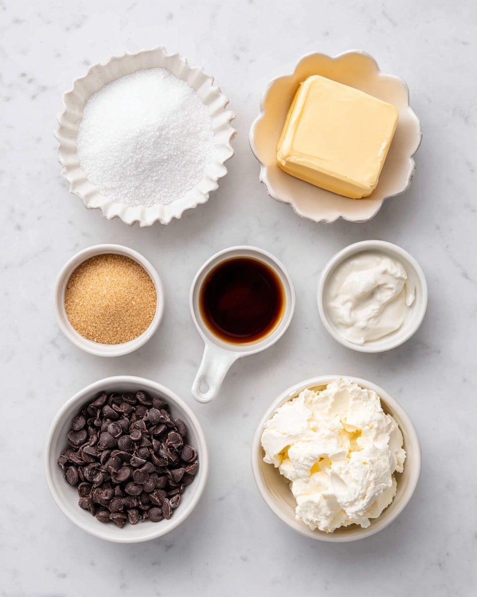 The image shows six small white bowls of different shapes arranged on a white marbled surface. The top row has a scalloped bowl with white granulated sugar on the left, a simple round bowl with a yellow block of butter in the middle, and a small round bowl with dark brown vanilla extract on the right. The bottom row has another scalloped bowl filled with light brown soft sugar on the left, a small handled bowl with dark chocolate chips in the middle, and a round bowl with smooth white cream cheese on the right. All the ingredients are neatly placed and clearly visible photo taken with an iphone --ar 4:5 --v 7